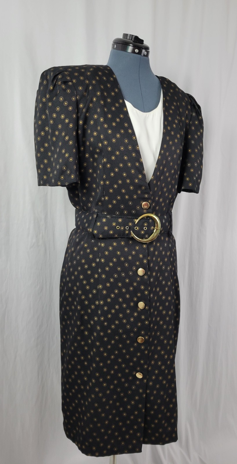 Vtg Whirlaway Frocks Black Sheath Dress w Gold Pattern, Belt & Dickey Size 14