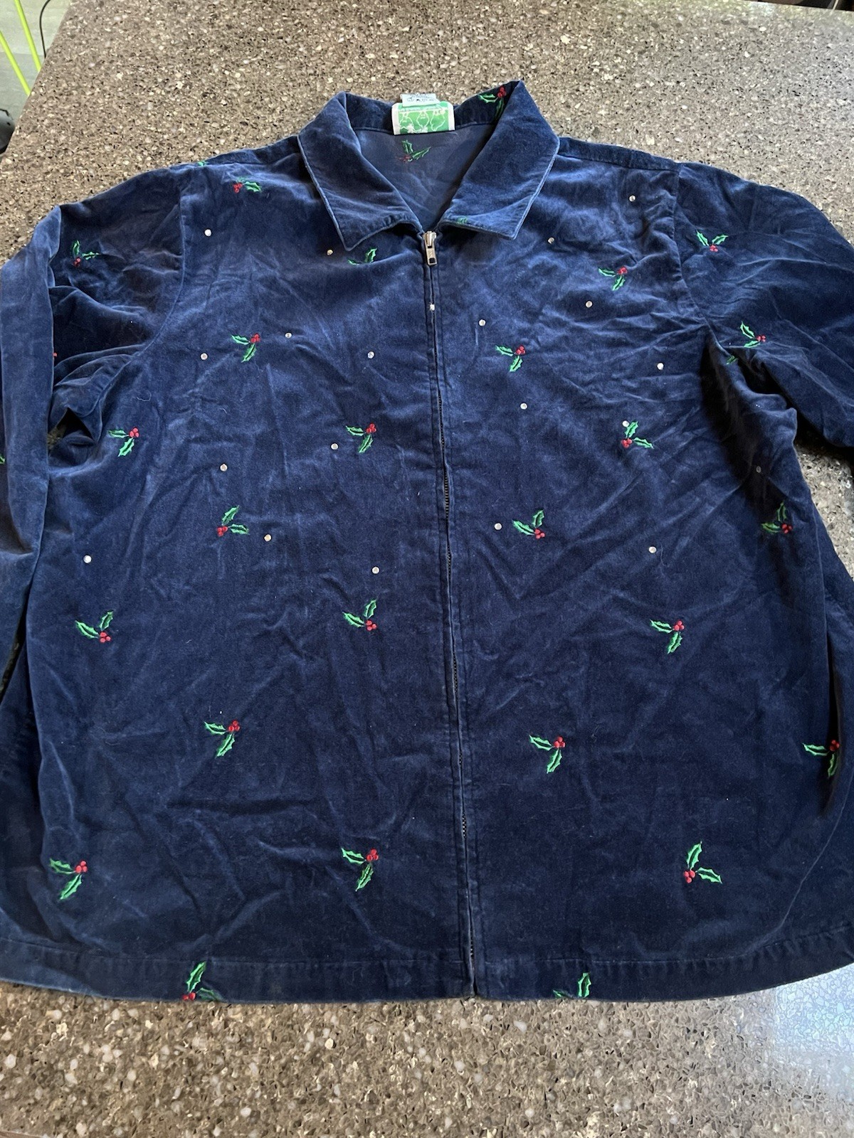 Vintage Embroidered Holly Full Zip Velour Look Shirt 100%Cotton Size 1X Holiday
