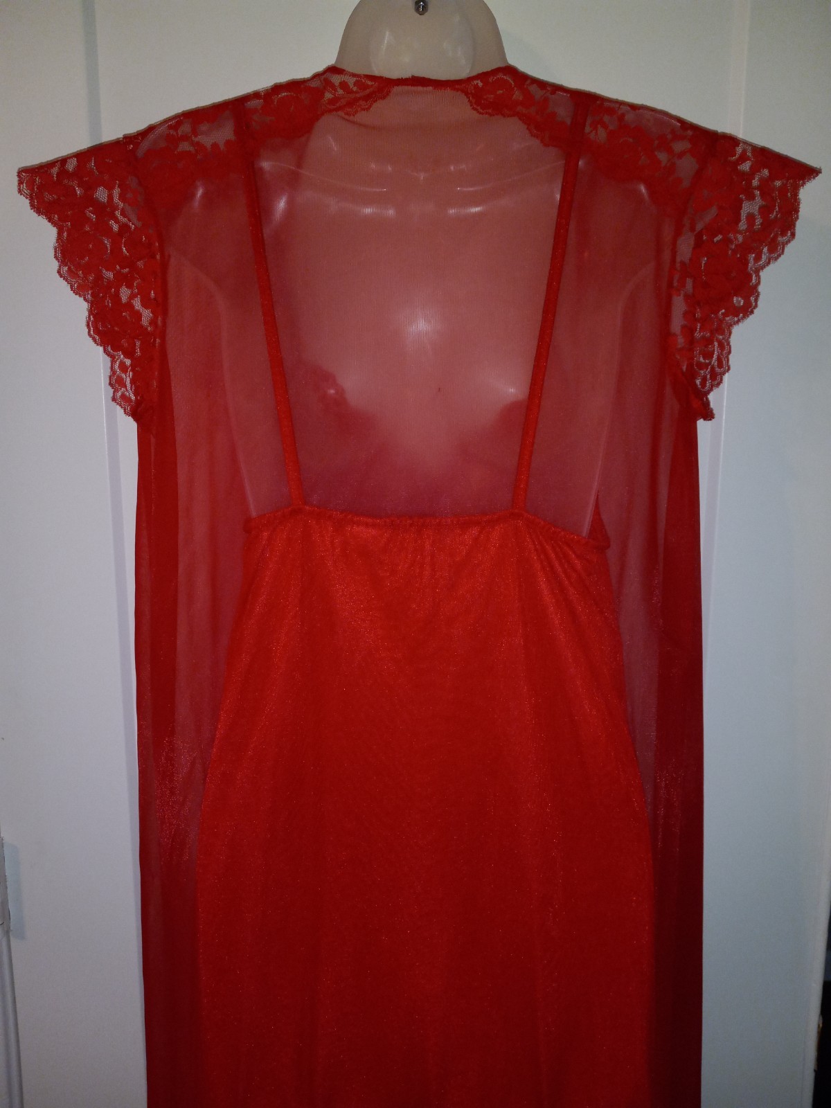 Vintage 80s Taryn Alexander Red Lace Nylon Nightgown Peignoir Lingerie Set M EUC
