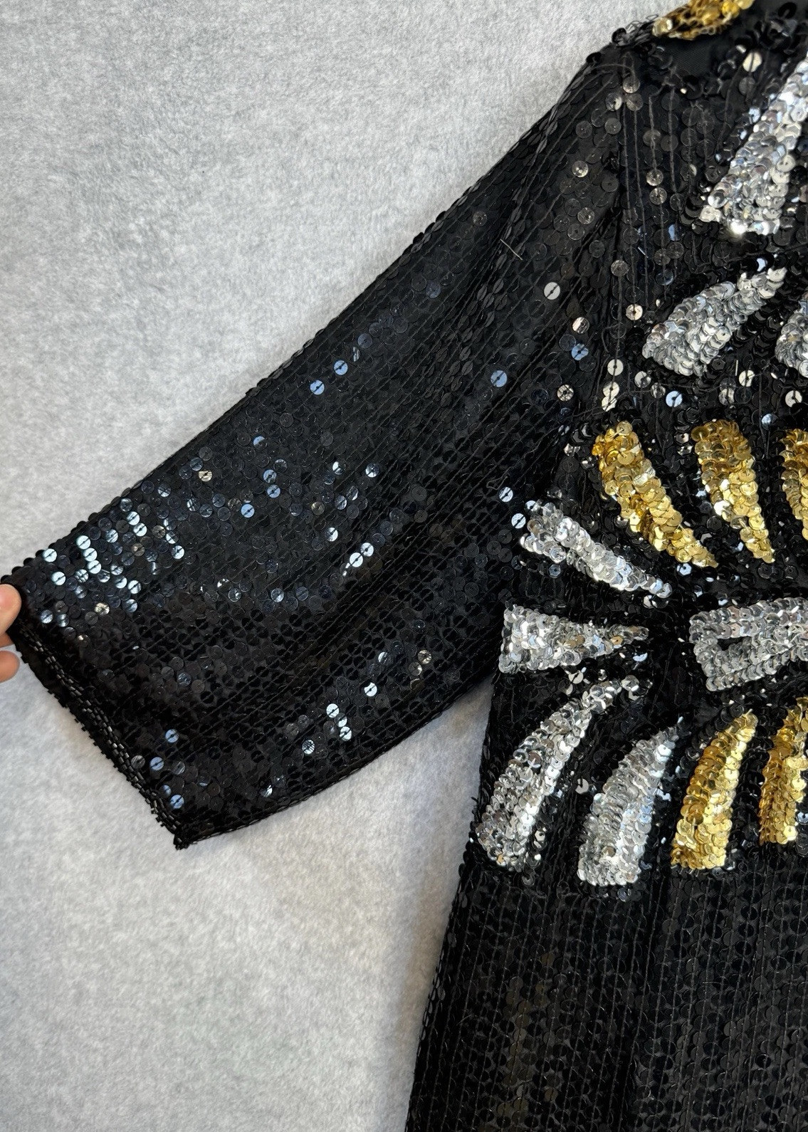 VTG 80s Jewel Queen Black Gold Sequin Beaded Silk Dress Art Deco Statement Piece