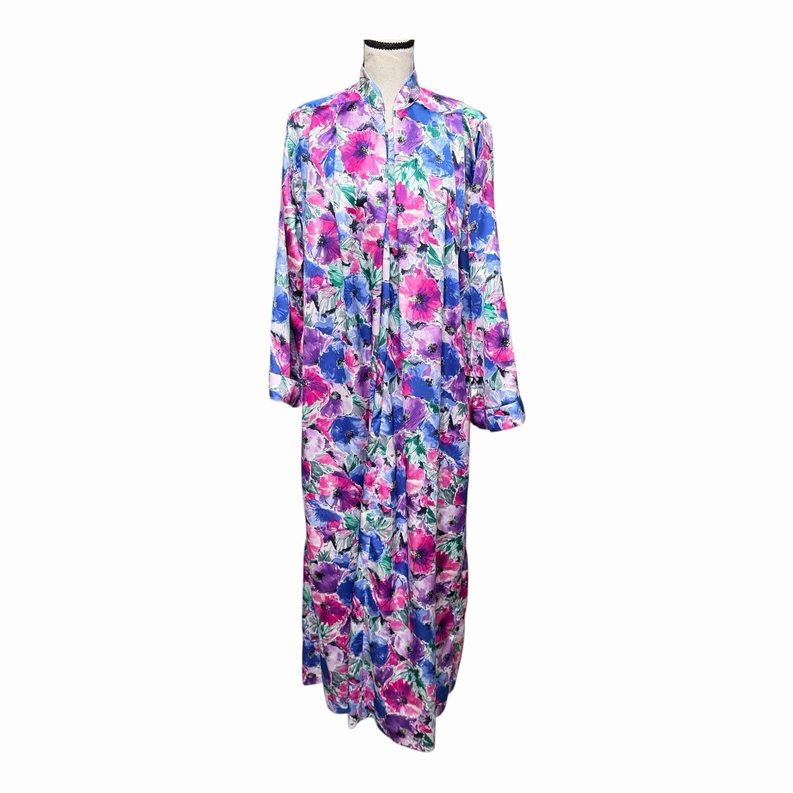 VTG Ariel Floral Satin Kaftan Maxi Robe Gown Small Zip Front Shoulder Pads 90s