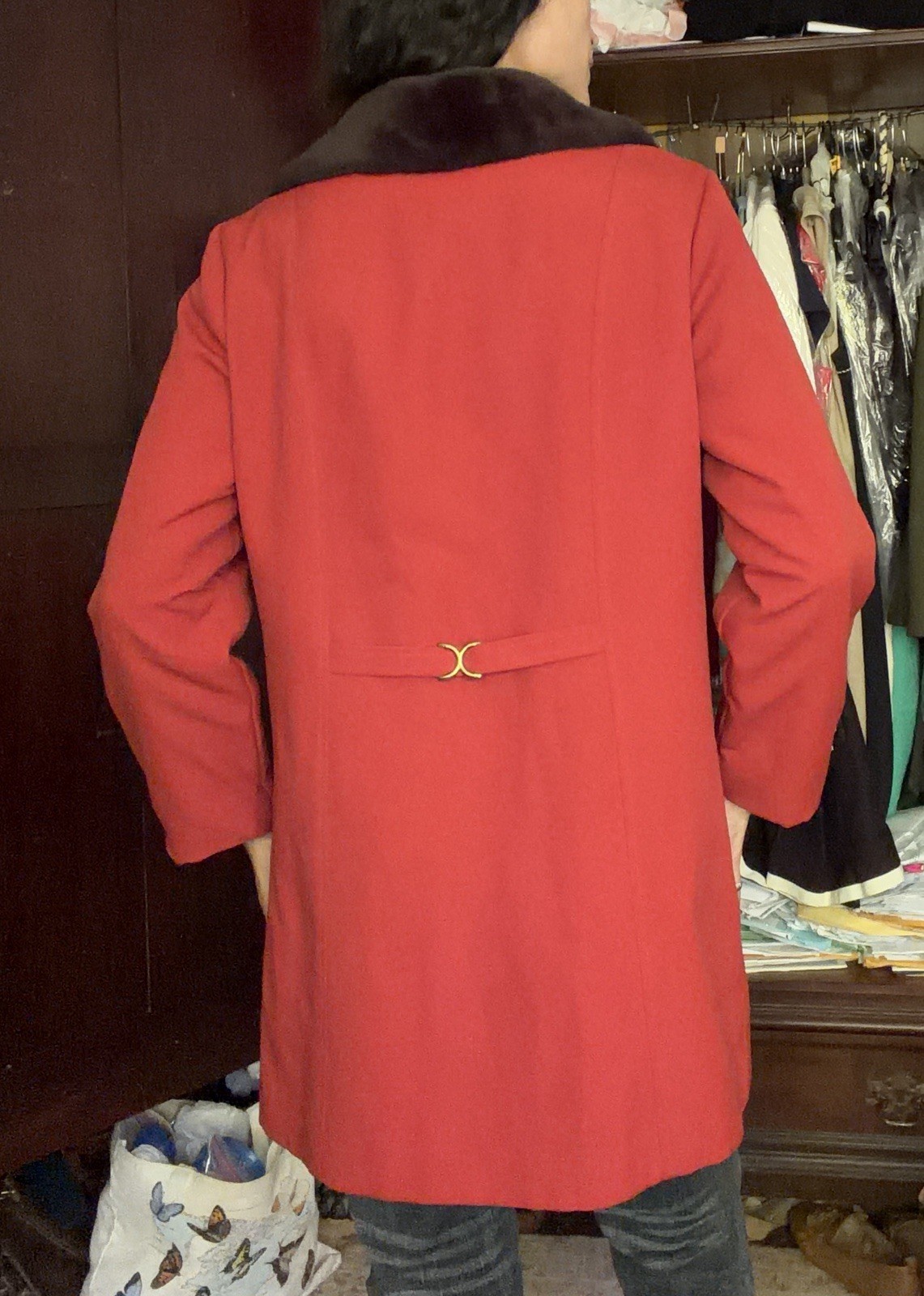 1970s Vintage Women’s Red Orange Coat With Faux Fur Collar Double Breasted