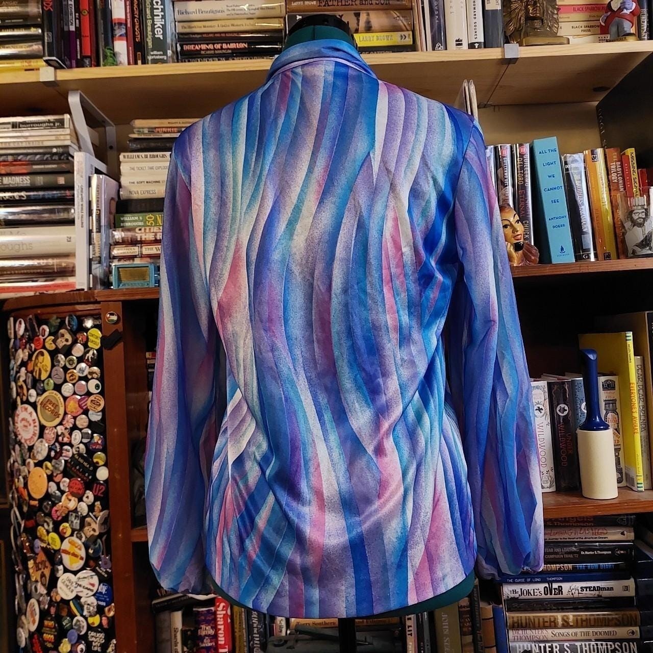 Vintage blue, pink, and purple tie collar long sleeve top.