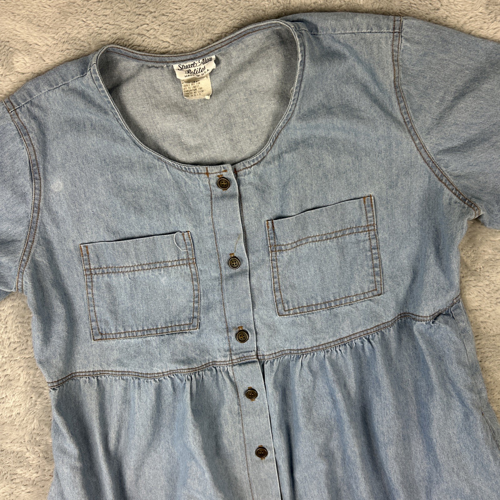 Vtg Stuart Alan Chambray Dress 14P Full Button Short Sleeve Pockets Prairie Boho