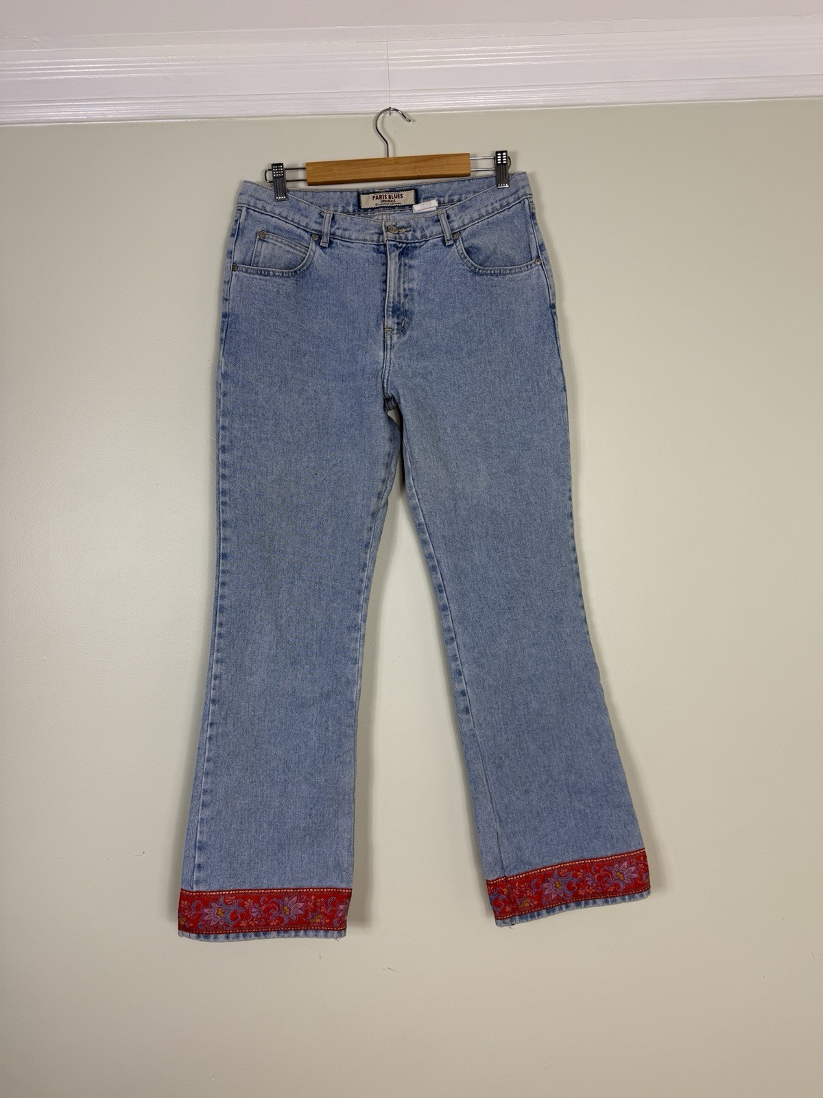 Vintage 90s Y2K Paris Blues Flare Jeans With Embroidered Satin Cuff 13 Juniors