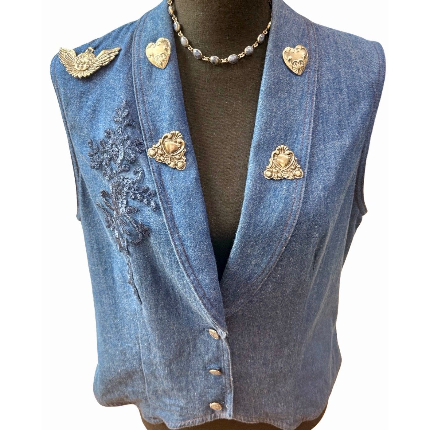 Vintage Denim Vest Embellished Pewter Charms Floral Appliqué Size 14