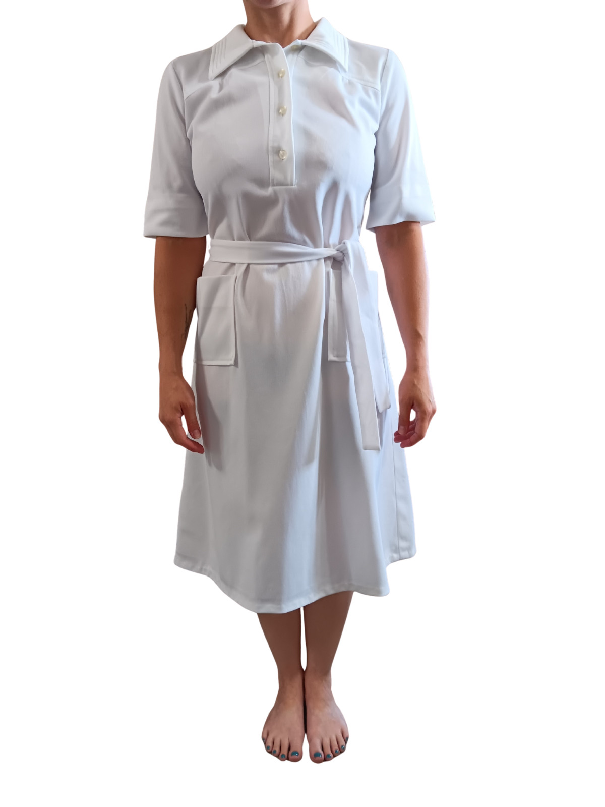 Vintage White Shirtdress Preppy Belted Dress Pockets 60s 70s