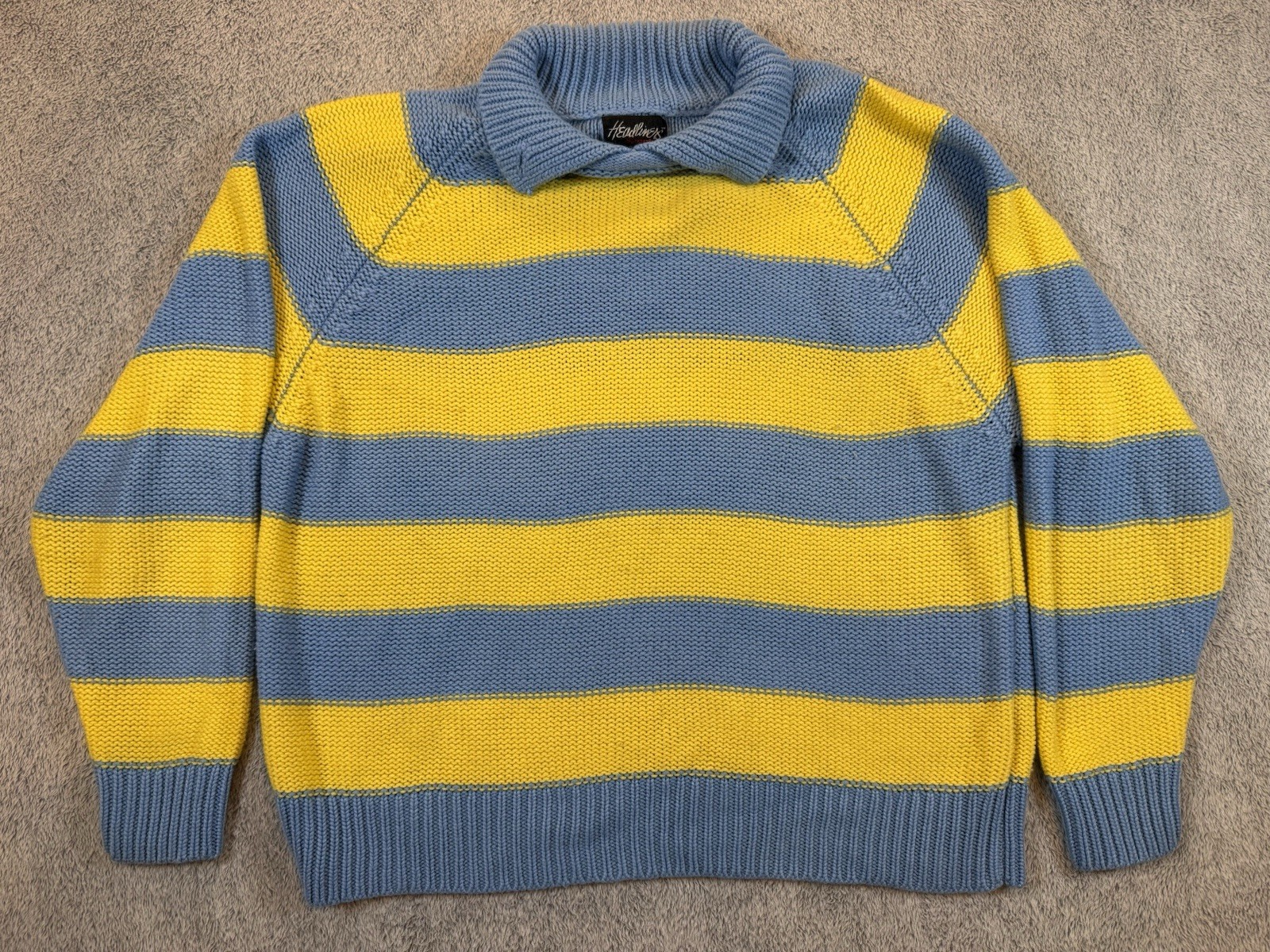 Vintage 80s Acrylic Knit Sweater L Collared Yellow/Blue Striped Headliners Sport