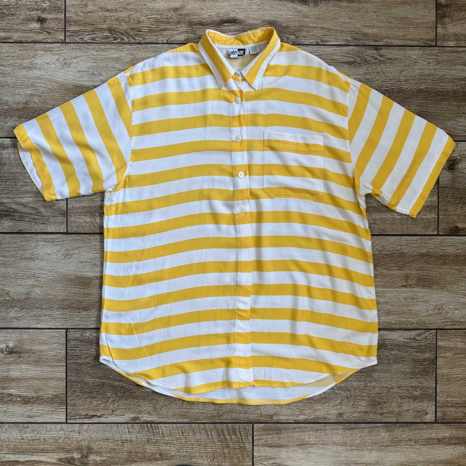Krazy Kat Women’s Button Down Shirt Yellow White Stripe Short Sleeve 22/24