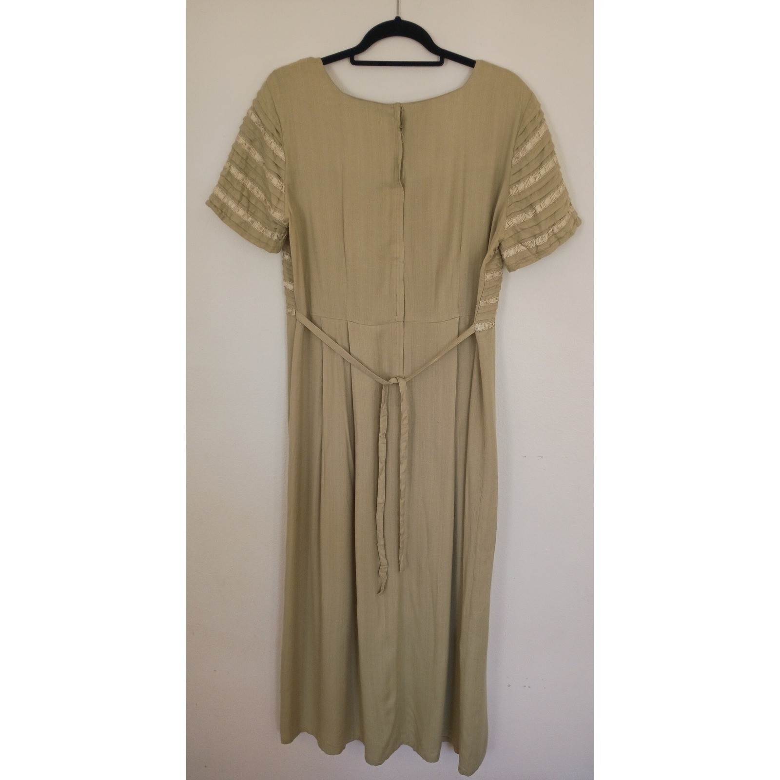 Sarah Elizabeth Vintage Green Rayon Pleated Ribbon Trim Midi Dress Size 16