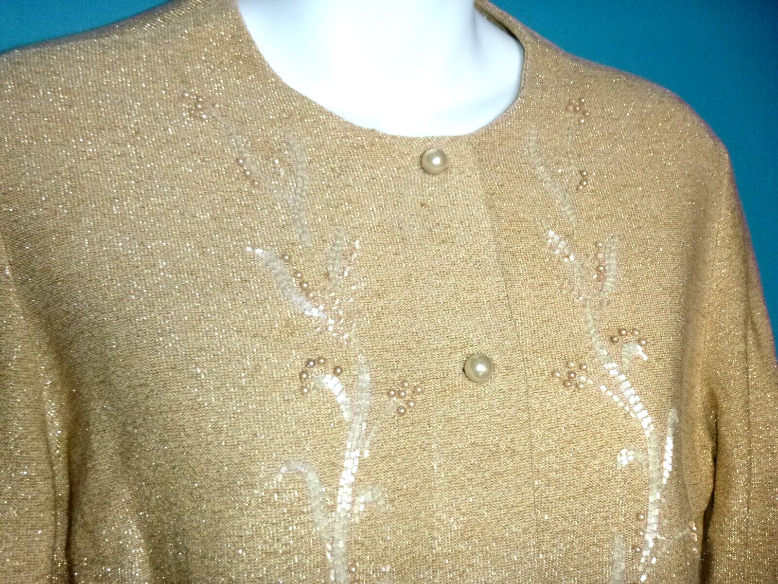 Vtg 60s Gino Paoli 2 Pc Wool Knit Cardigan & Skirt Set Gold metallic Beading S/M