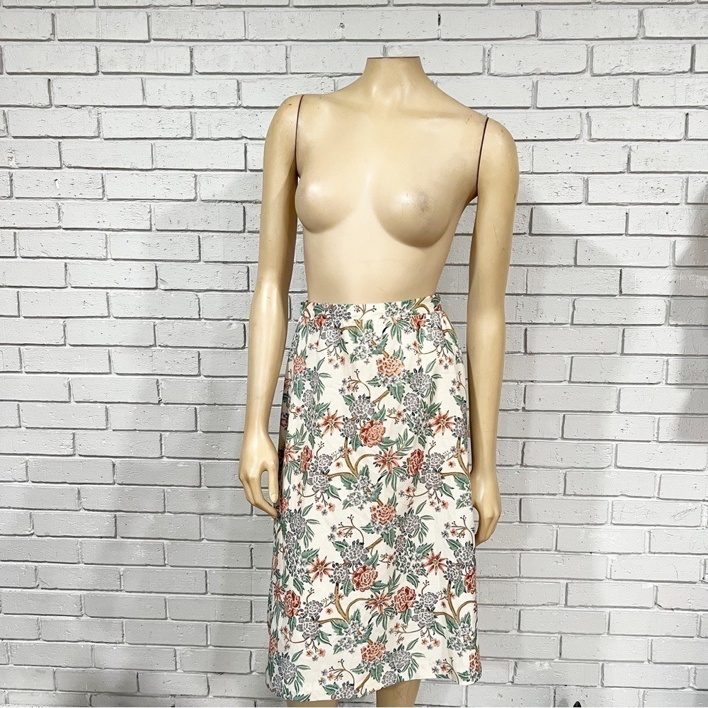 Vintage Floral Midi Skirt Cream Peach Green Botanical A-Line High Waist | Size 8