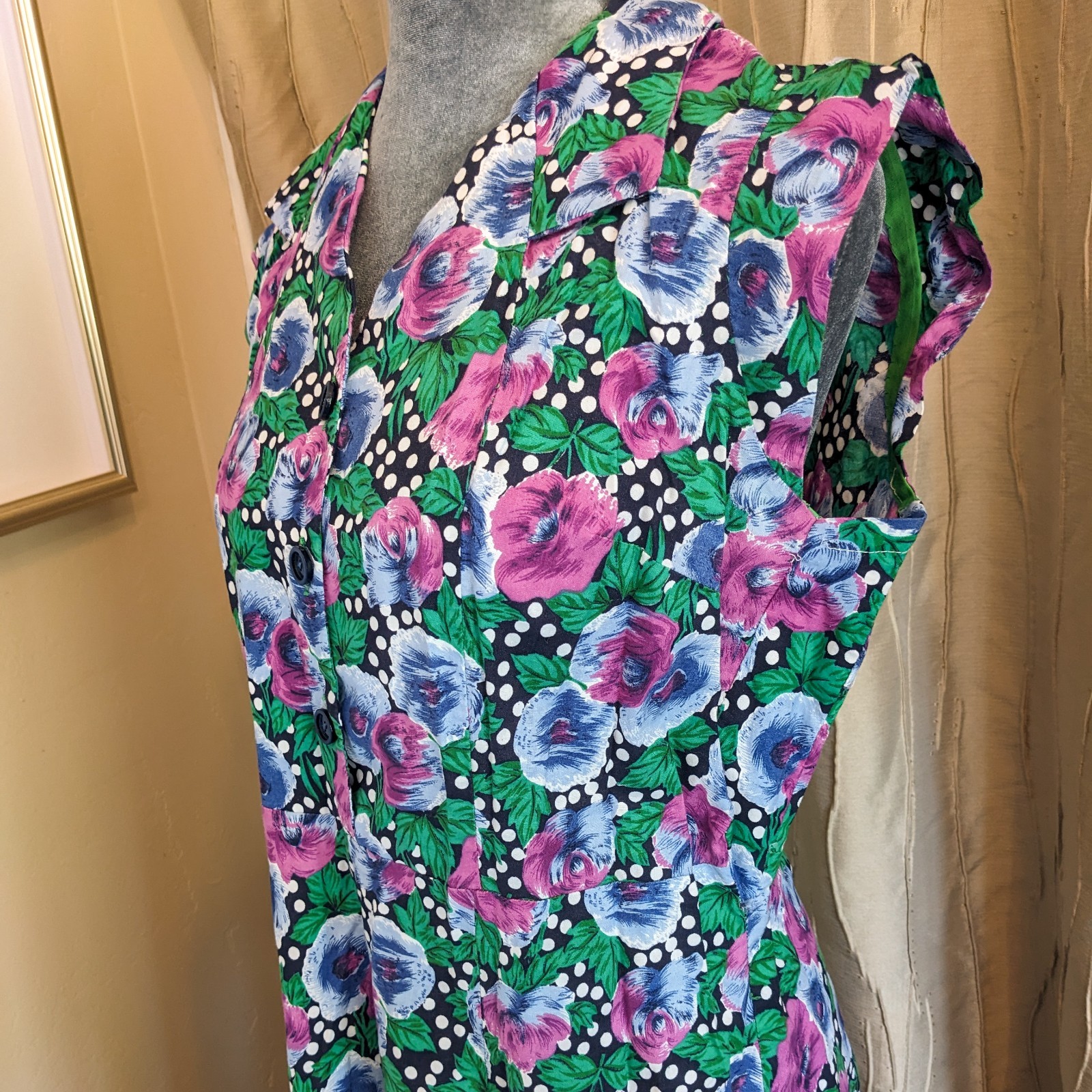 Vintage Handmade Polka Dot Floral Shirt Dress L Button Up Front Cottagecore Midi