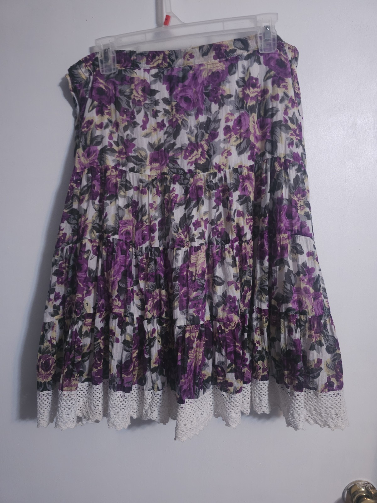 Vintage 90s Sara Studio Petite Floral Skirt PL Purple Roses Cotton Crochet Hem