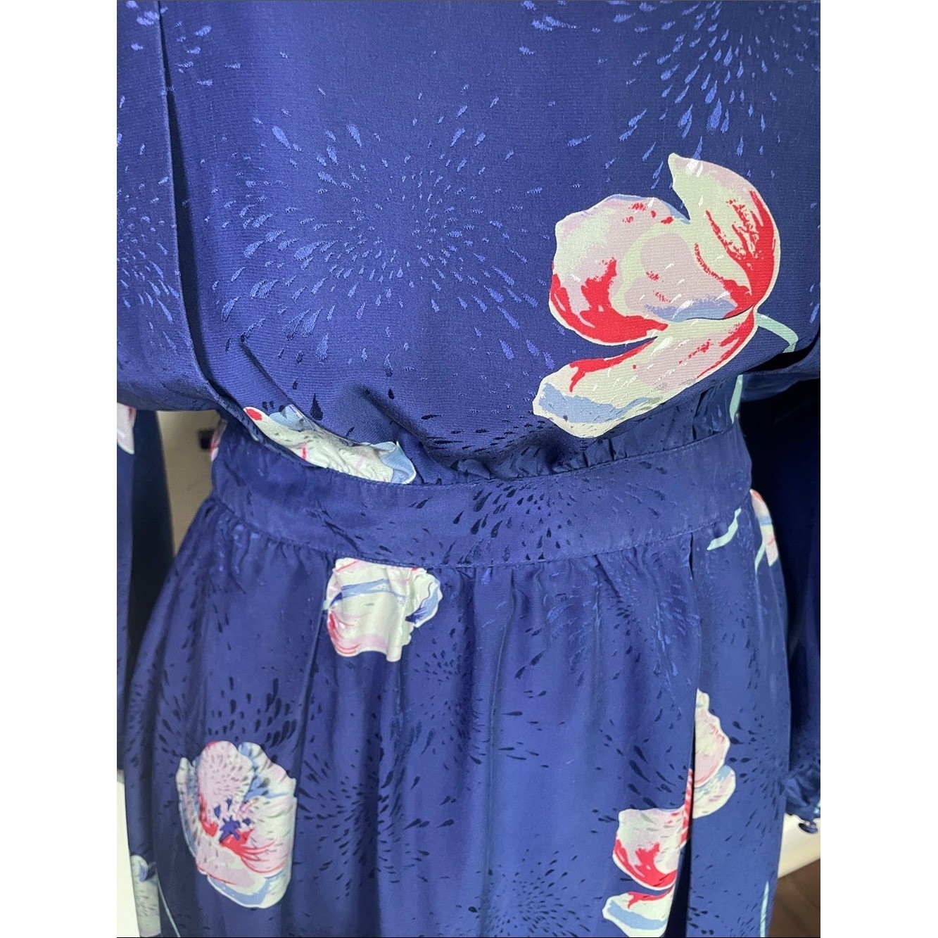 Vintage Silk Maggy London Royal Blue Floral Midi Dress Pastel Blooms Size 8