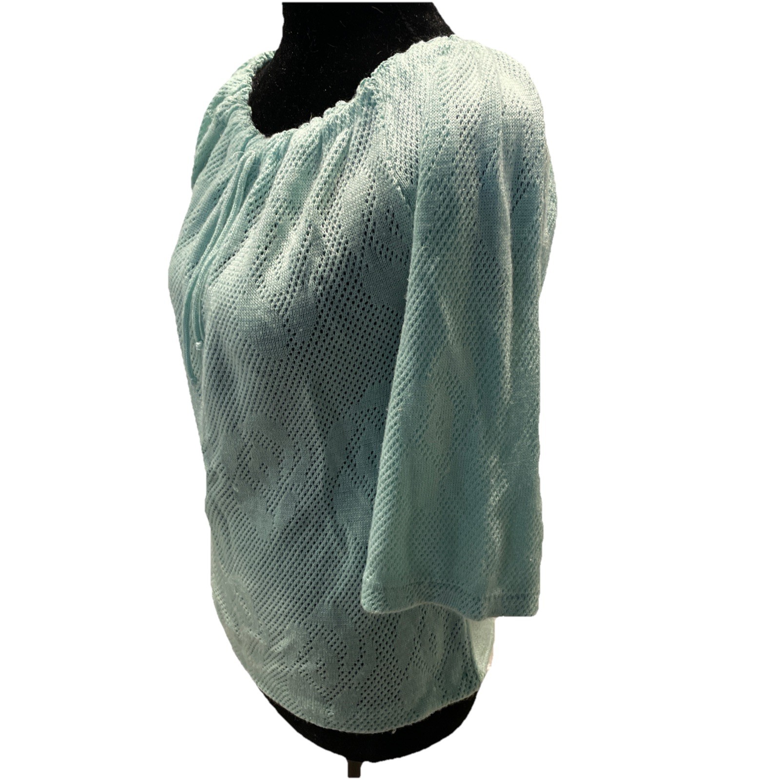 Vintage Garland 80s 3/4 Length Sweater Mint Green Roses Sheer Light Small Xs