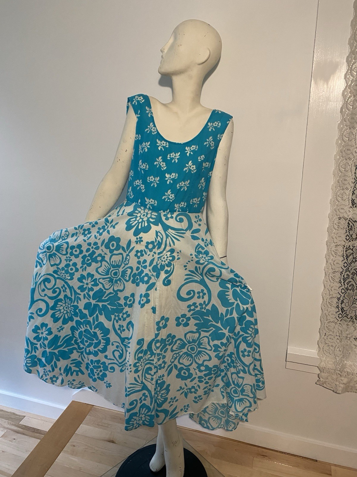 VTG 80s Phool Blue White Print Dress Full Circl Skirt Adini India Cotton tank M