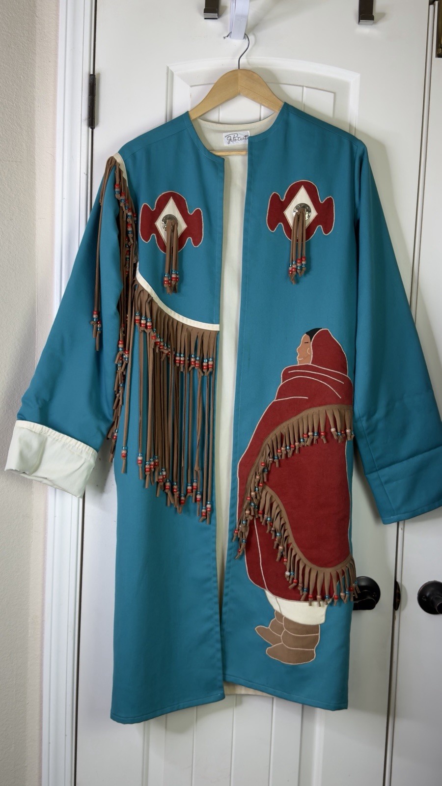 Vintage Handmade Long Duster Coat Native Appliqué Design Beaded Fringe Southwest