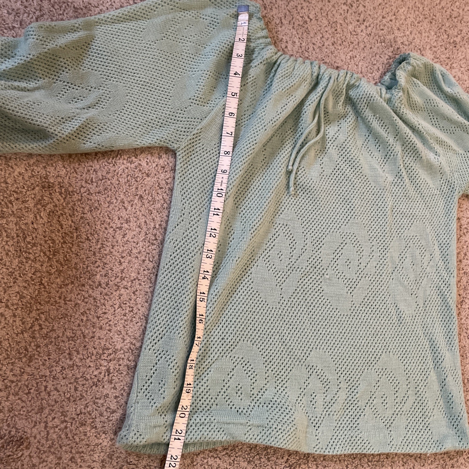 Vintage Garland 80s 3/4 Length Sweater Mint Green Roses Sheer Light Small Xs