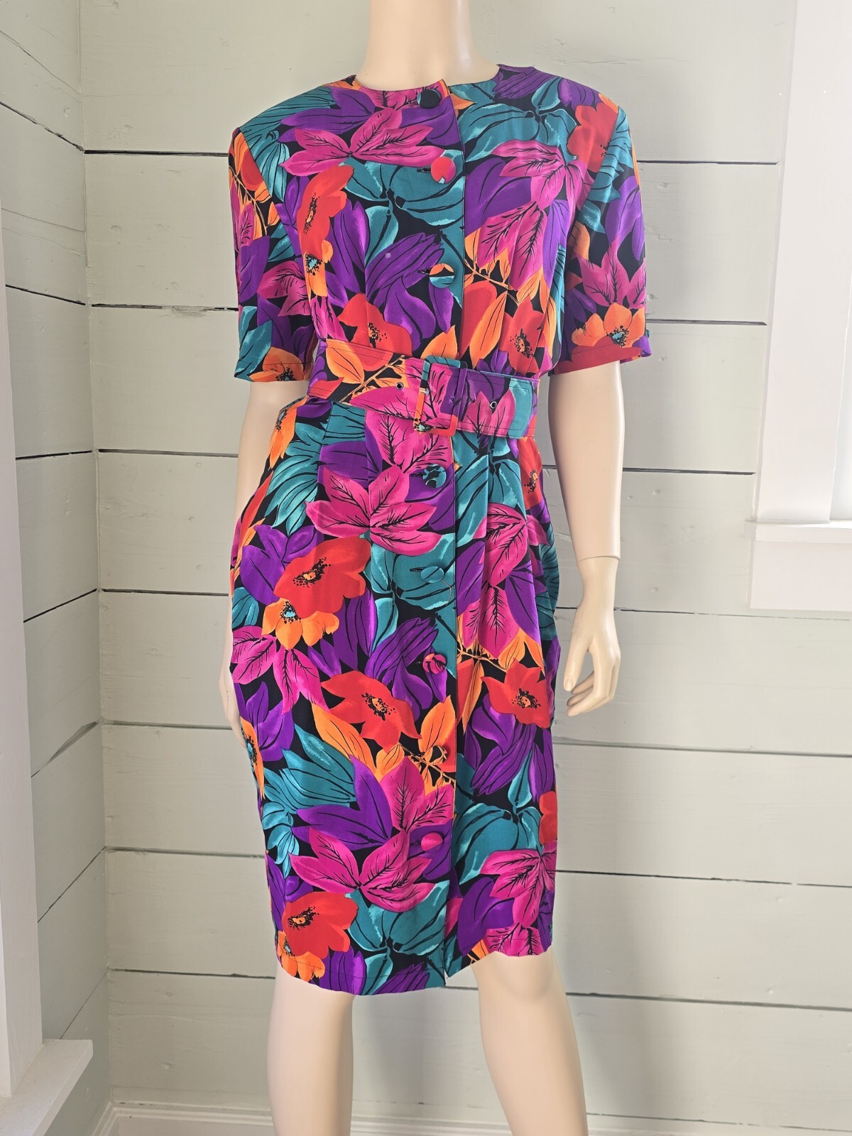 Vintage 1980s Tess Dress Bright Floral Print Belted Button Up Dress Pockets Sz4