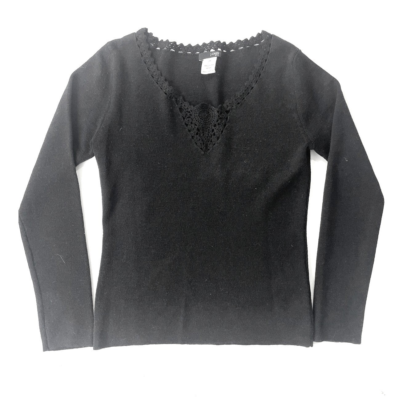 Vintage J.Crew Merino Wool Knit Top Black Crochet Lace V-Neck Long Sleeve Med P