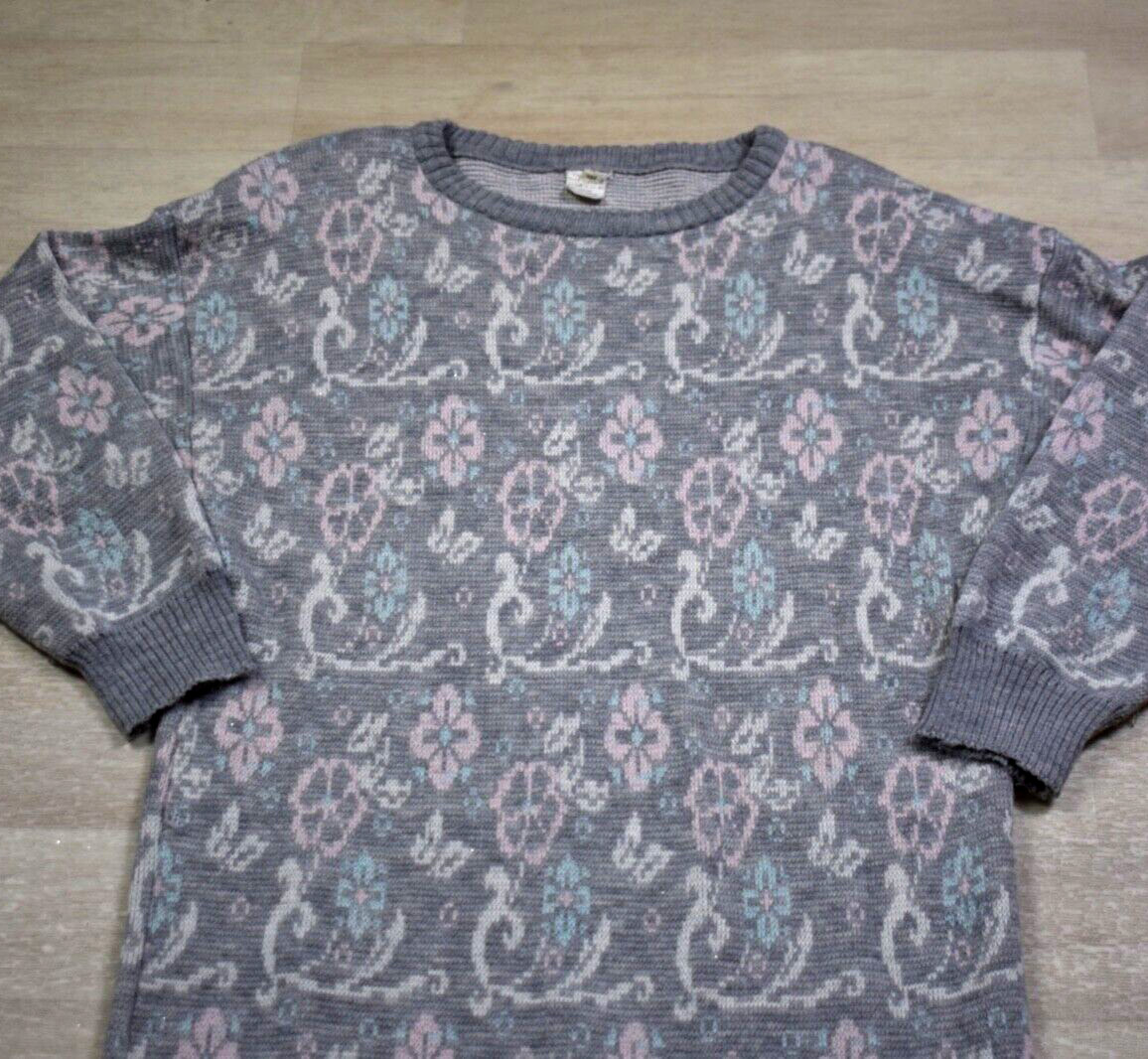 80s Sweater Dress Gray Floral Coquette Snow Bunny VTG 1980s
