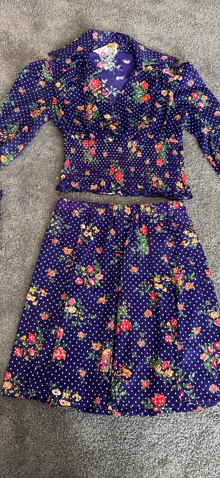 Vintage “Rag Dolls” Matching Set Skater Skirt And Crop Top Polka Dot Floral