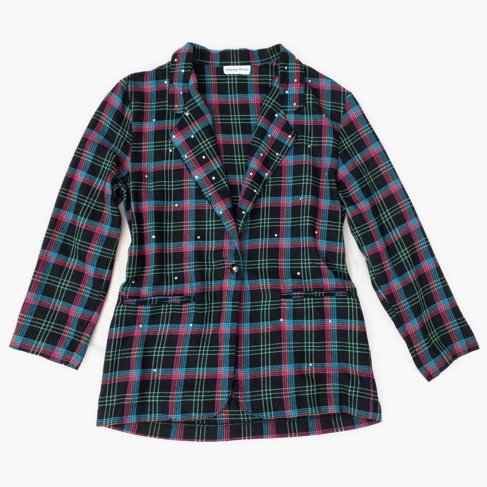 Vintage 1980 Black And Neon Plaid Shirt Jacket Low Cut Blazer With Rhinestones
