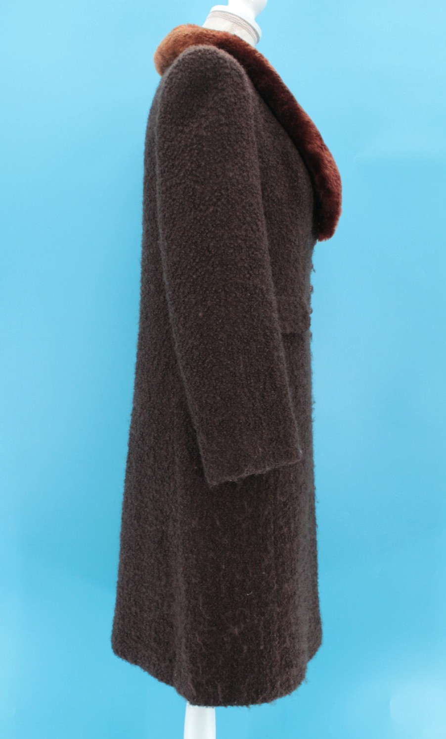 VTG Women’s 60s Dark Brown Boucle’ Wool Fur Collar Coat Sz S/M 1960s Mansfield