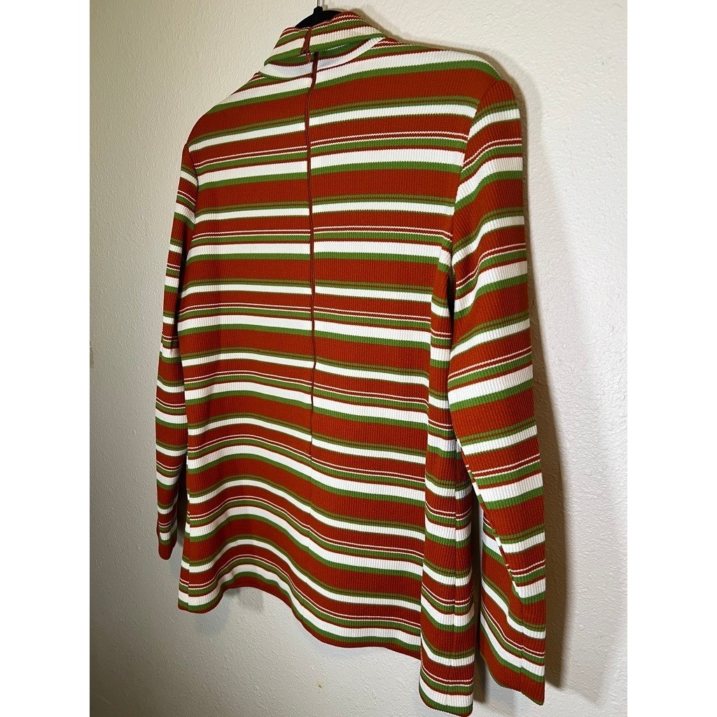 Vintage Mock Turtleneck Top M Striped 1970s Zip Ribbed Knit Poly Orange Green
