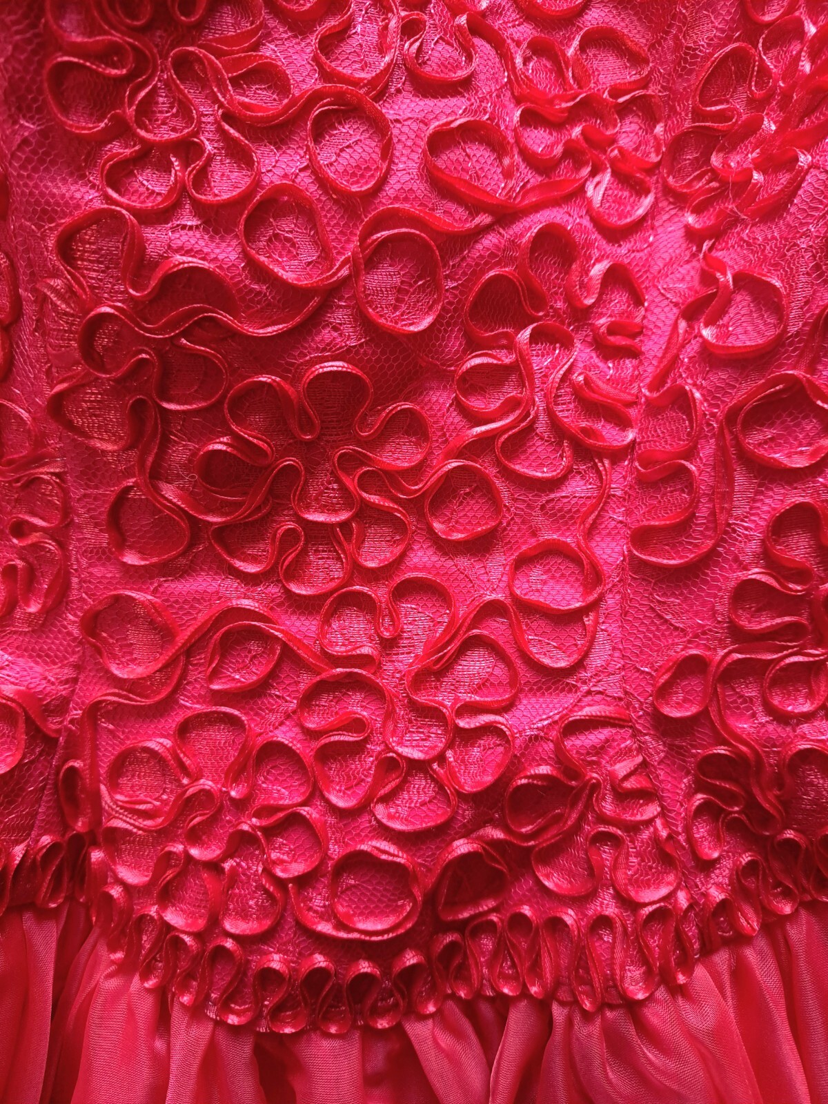 Vintage Red Strapless Party Dress Gown Huge Skirt Rosettes Draped Sz S Soutache