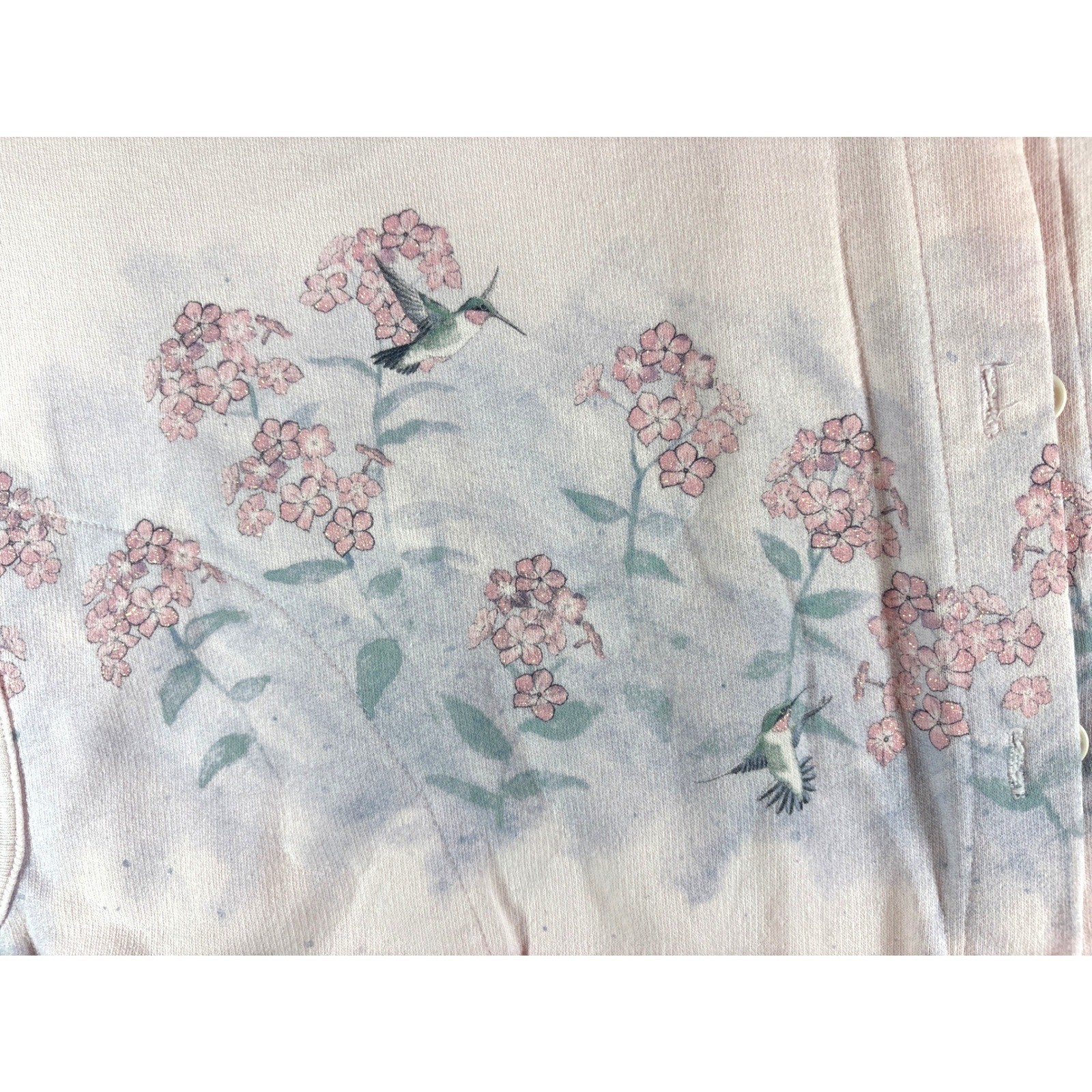 Artisans Inc Vintage Hummingbird Floral Fleece Cardigan Pink Sweatshirt Large