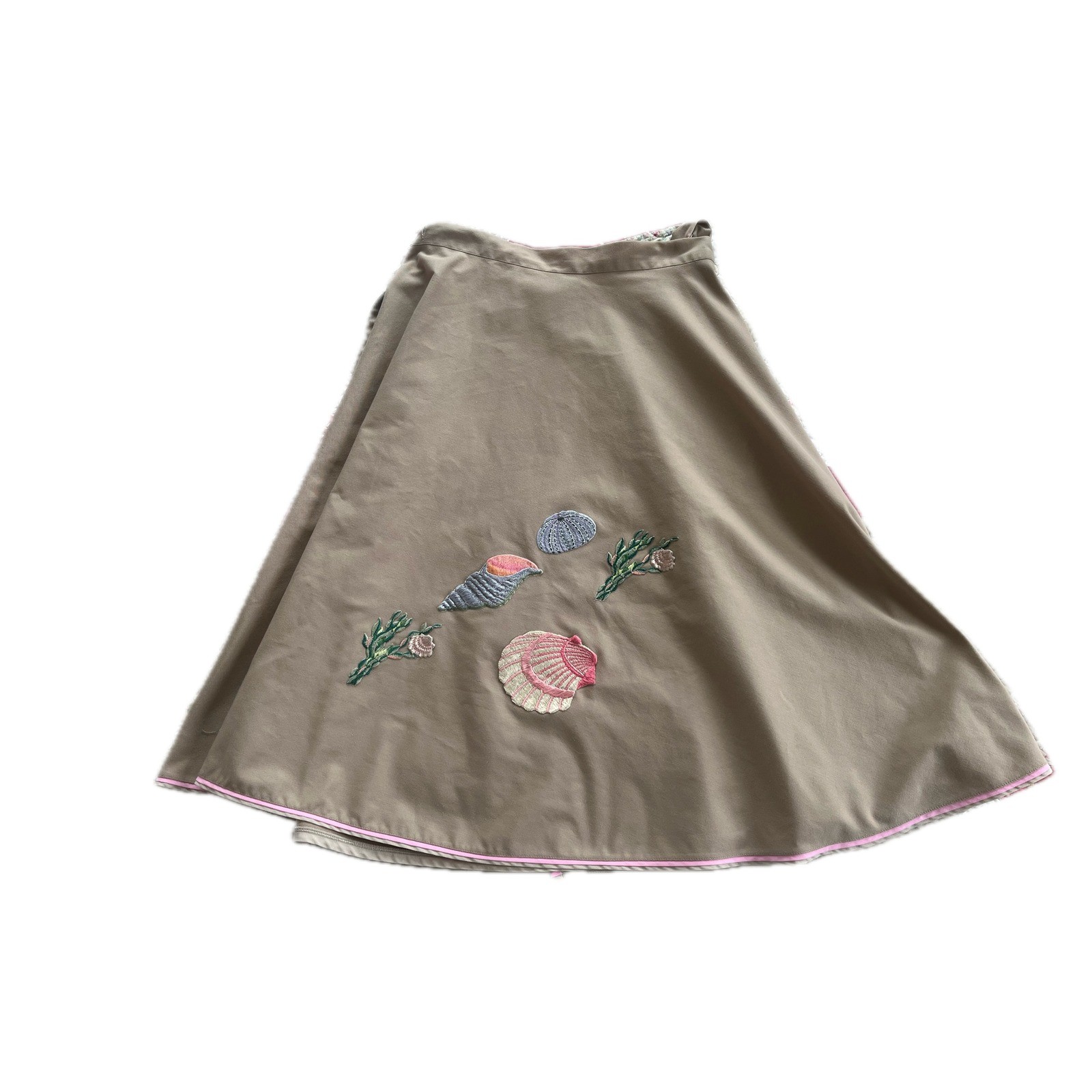 Vintage 70s Khaki Wrap Skirt Seashell Beach Nautical Sz S Cottagecore Whimsy