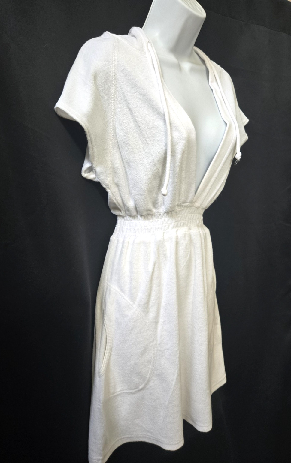 Sporty Sexy Cute Vtg 90s HANA SPORT Deep V-Neck Terrycloth Hoodie Mini Dress L