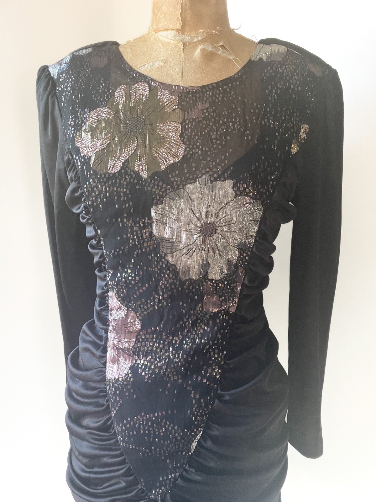 Vintage ‘80s Glam Mini Dress Coffin Ruched Black & Sparkly Lurex Body Con XS
