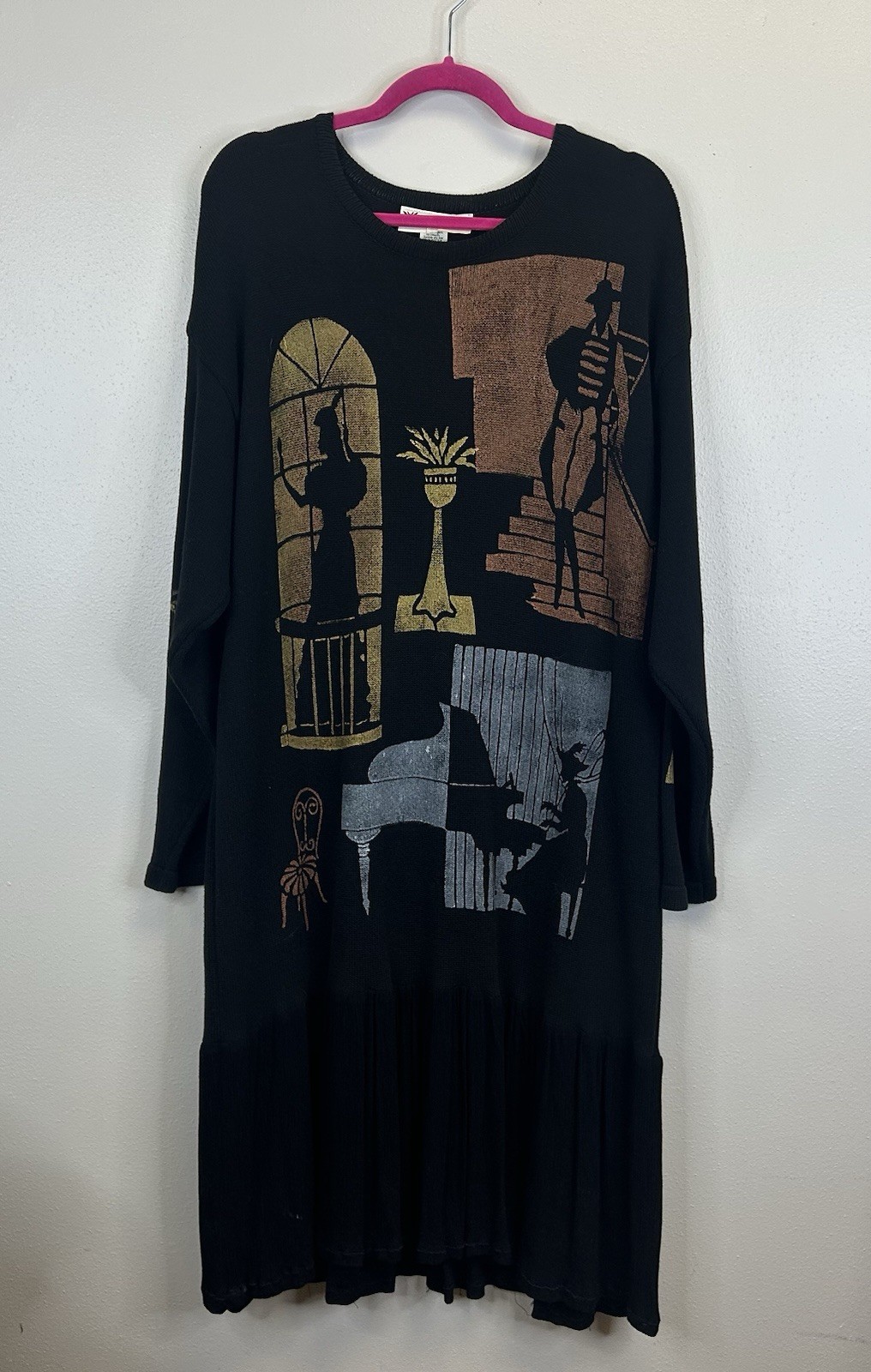 Vintage 90s Art to Wear Hand painted Dress Size M/L Lagenlook Boho Artsy City