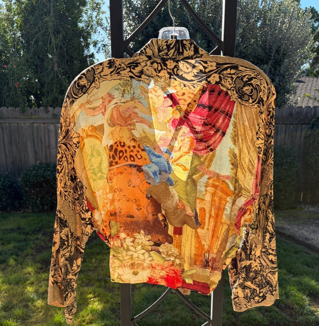 CAROLE LITTLE Vtg 90s Rococo Crop Top Cherubs Cathedral Front Tie Boho sz 6 /297