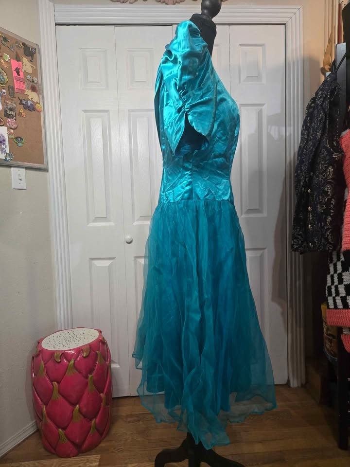Vintage Turqoise/Teal Taffeta Tulle Satin Crinoline Dress Prom Tea Party Brunch