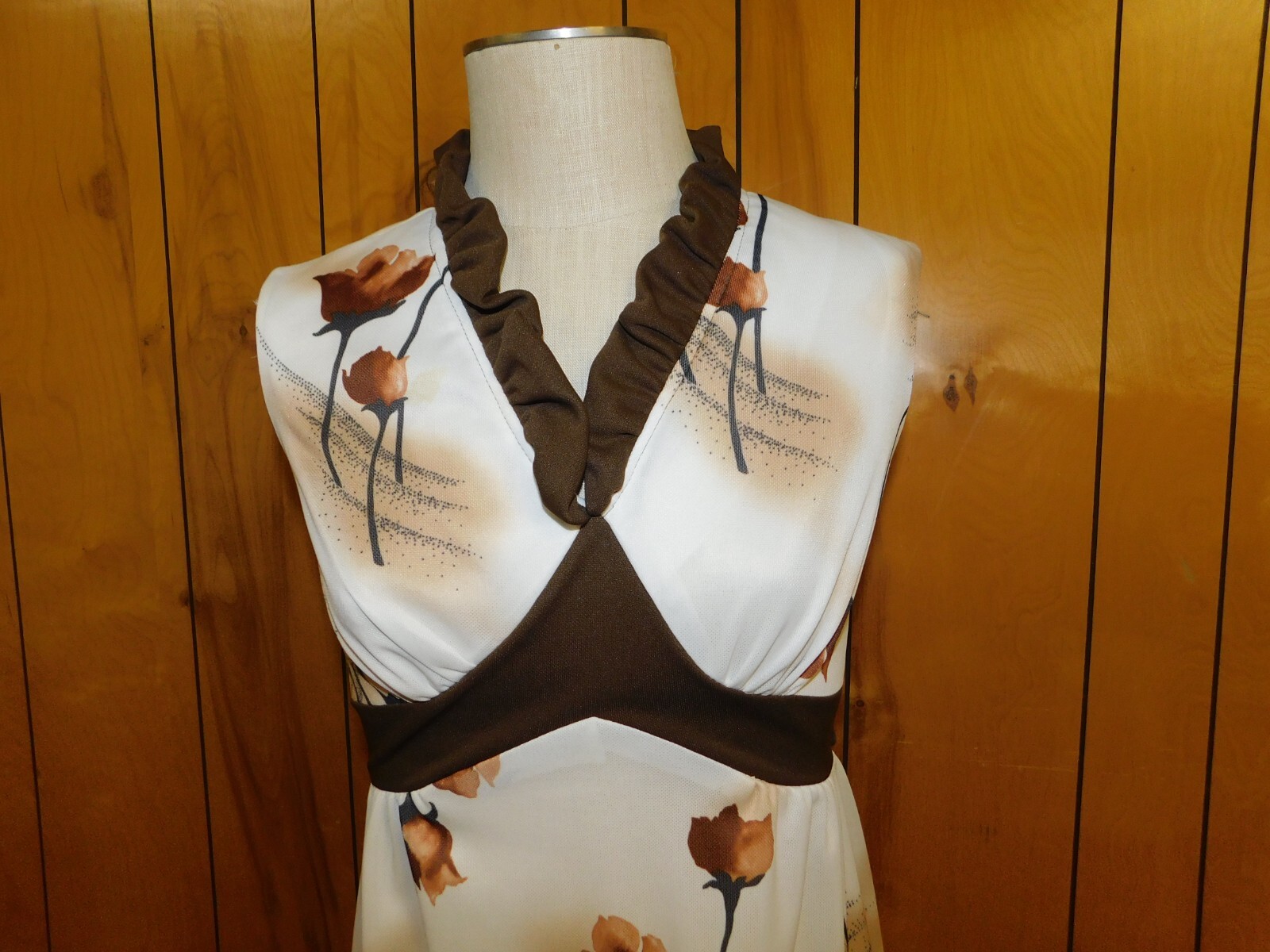 Vintage Brown on Cream Floral Maxi Dress 37″ Bust 1970’s*