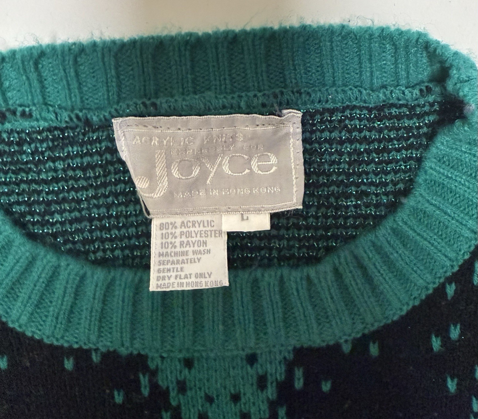 VTG Joyce Acrylic Knits Sweater Sz L Green Black Sparkle Clothing Geometric 80s