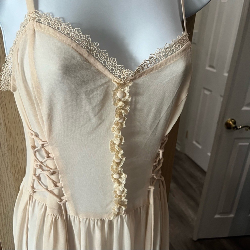 Y2K Vintage Victorian Dolls Kill Cream and Gold Pleated Maxi Dress for Weddings