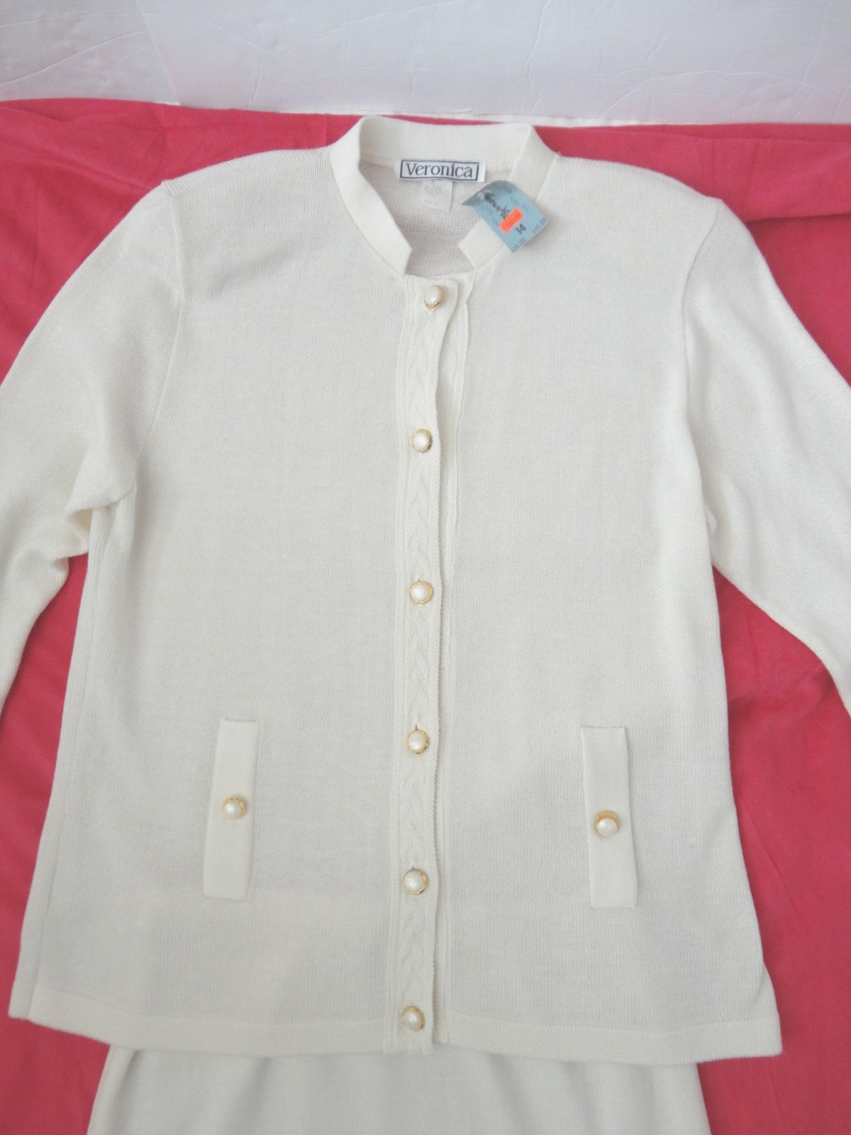VINTAGE LADIES TAGGED VERONICA SIZE 14 WHITE KNITTED 2 PC SUIT DRESS OLD MONEY