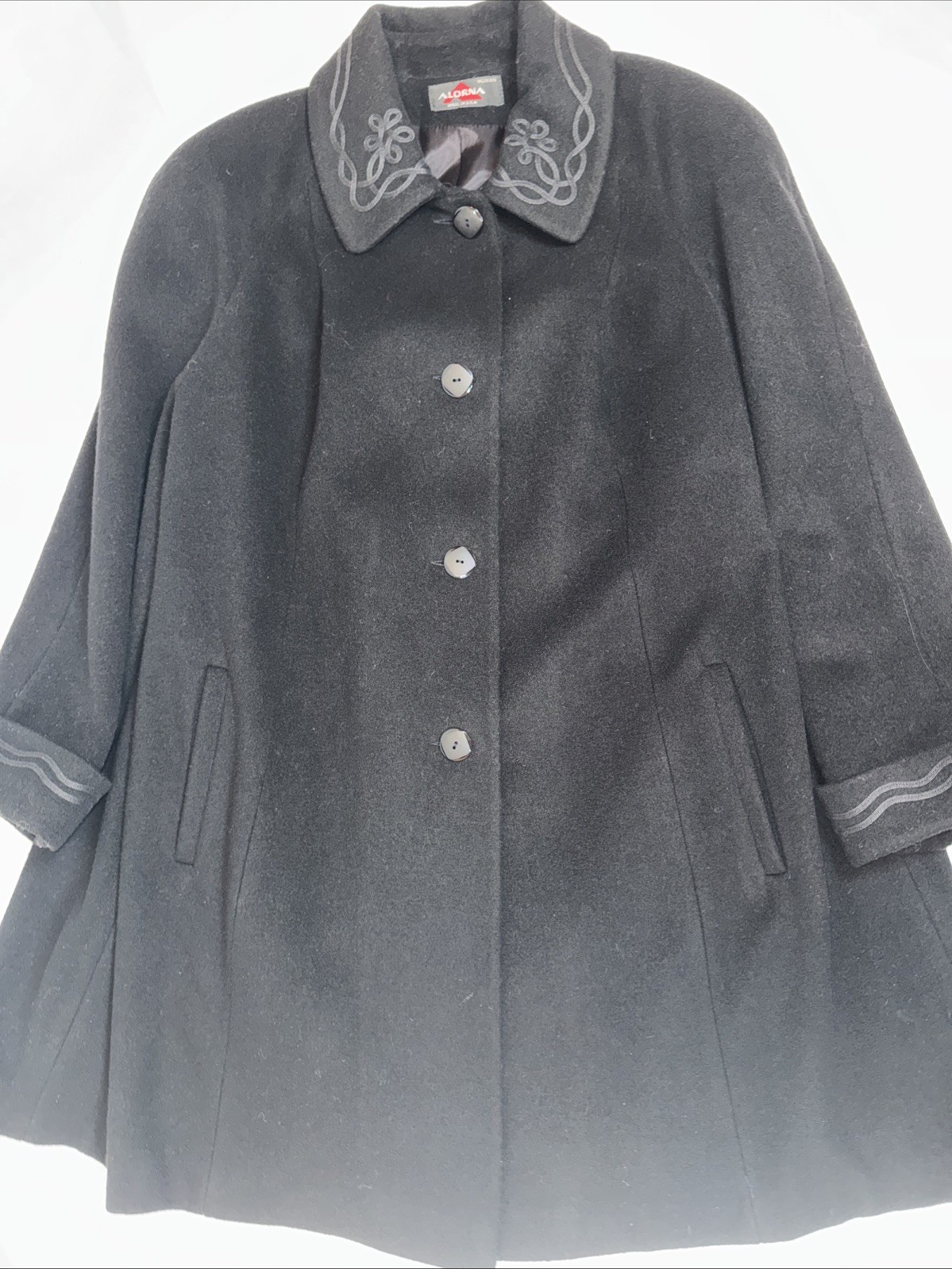 Vintage Alorna Women’s Coat Made In USA Black Embroidered Collar Size XL/ 2XL
