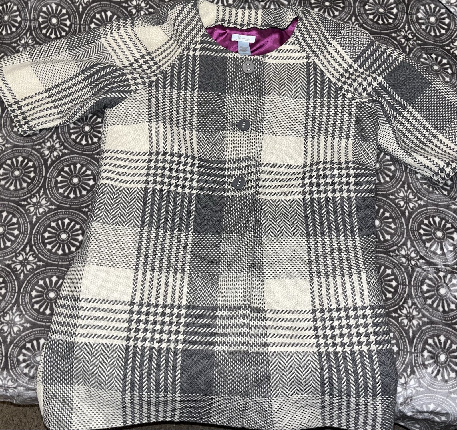 VTG JH Collectibles Gray Plaid 3/4 length Wool Swing Coat Size 2XL