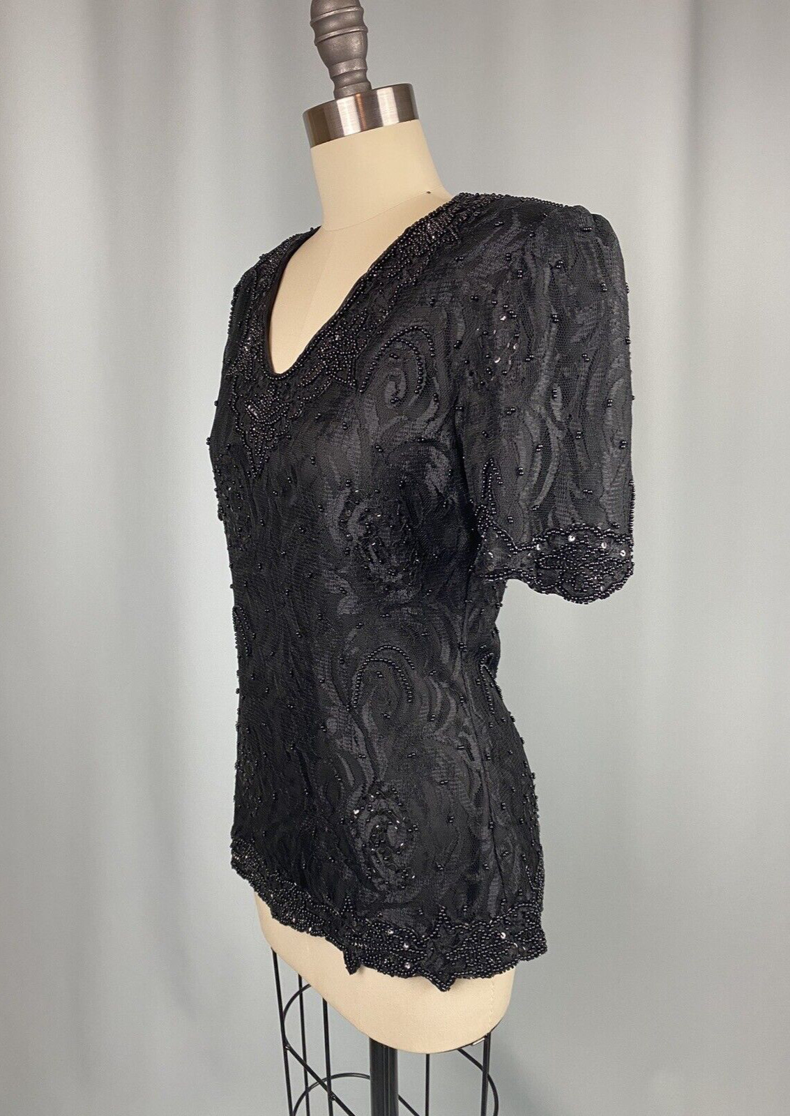 Vintage Beaded Top SIZE SMALL Rayon 80s 90S Shoulder Pad classic princess lace