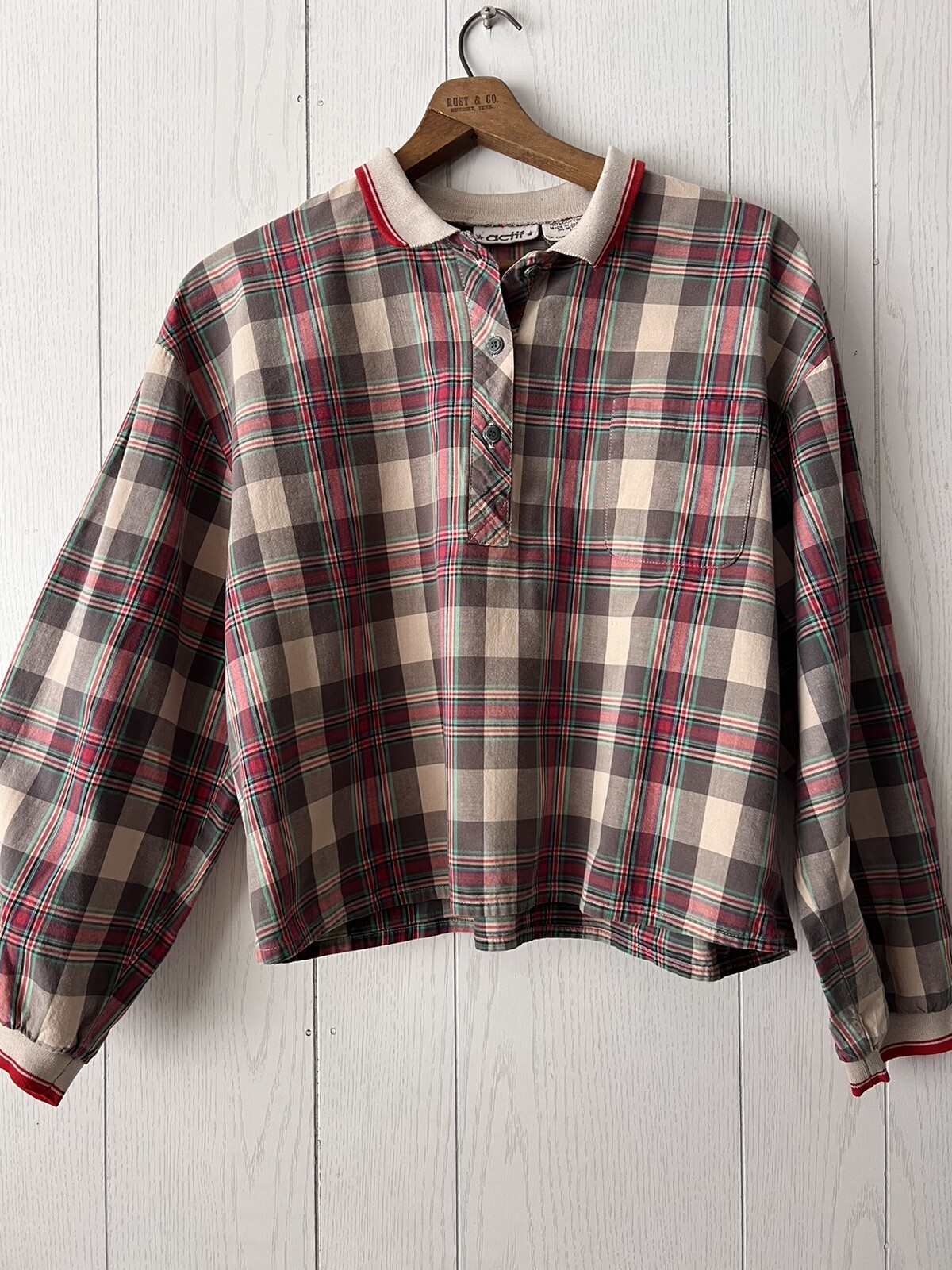 Vintage 1980’s Actif Cropped Top Blouse Shirt Balloon Sleeve Women’s Large Plaid