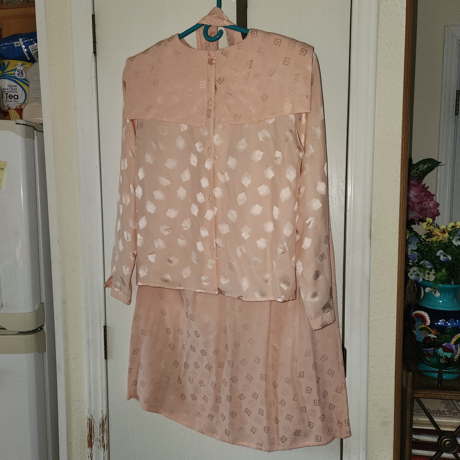 3 Piece Vtg 1980s Joanie Char Patterned Silk Shirt & Skirt Set Salmon Petite 10