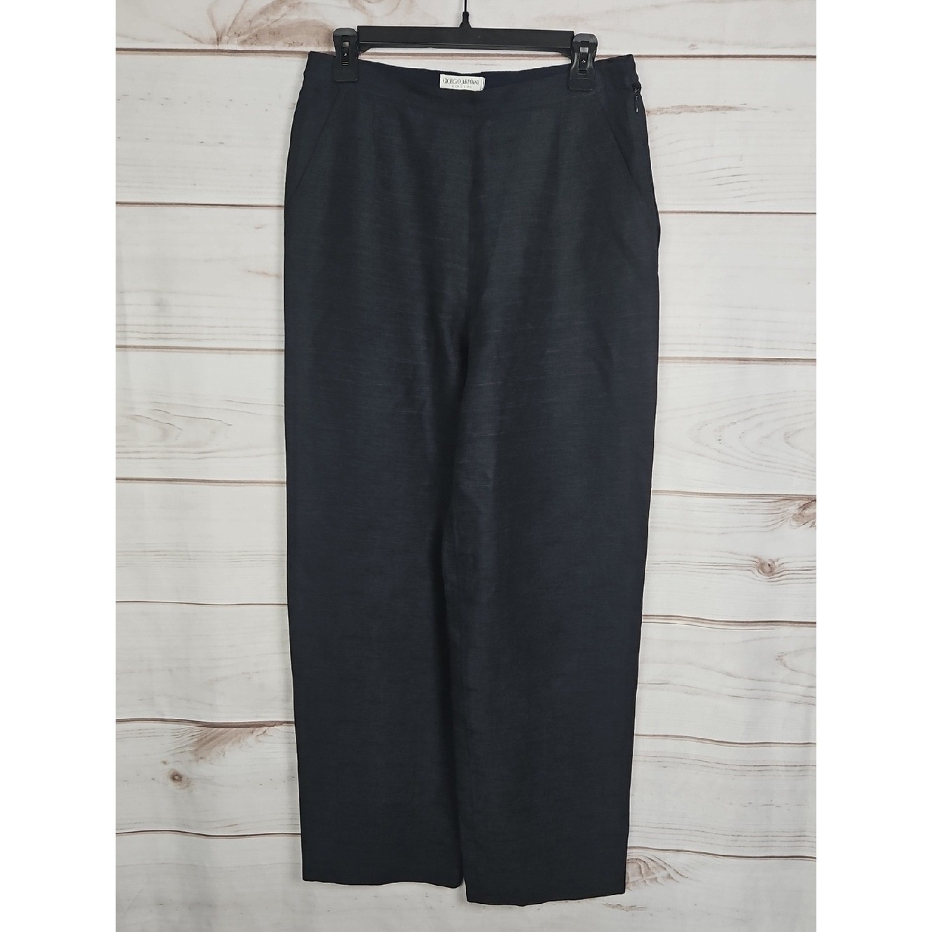 Vintage Giorgio Armani Le Collezioni Wide Leg Trousers Womens 10 Navy Silk Linen