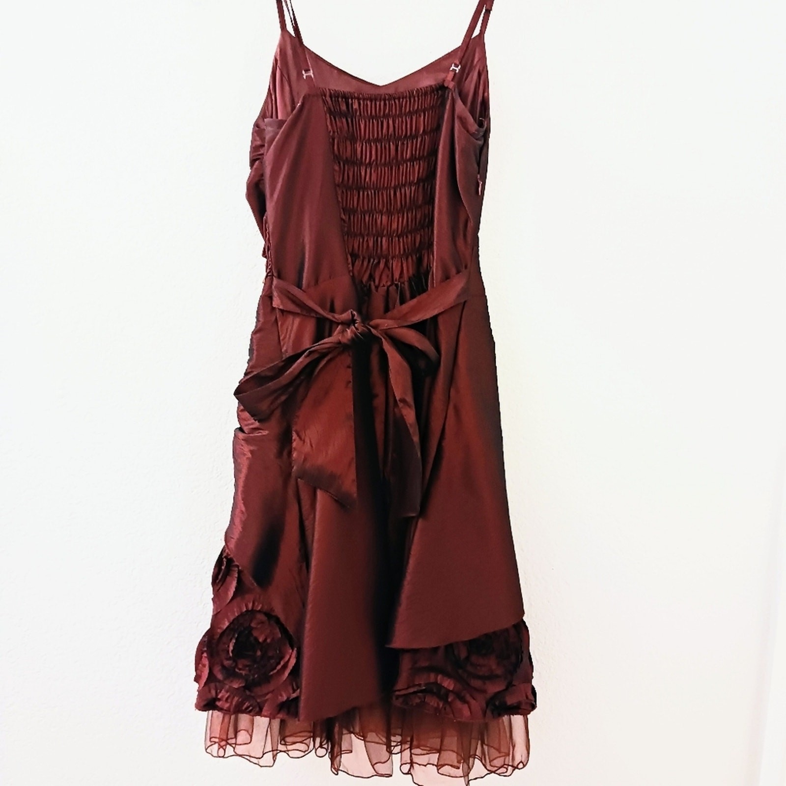 Red Satin Formal Dress 3D Roses Gown XS Burgundy Red Wedding Prom Evening Party