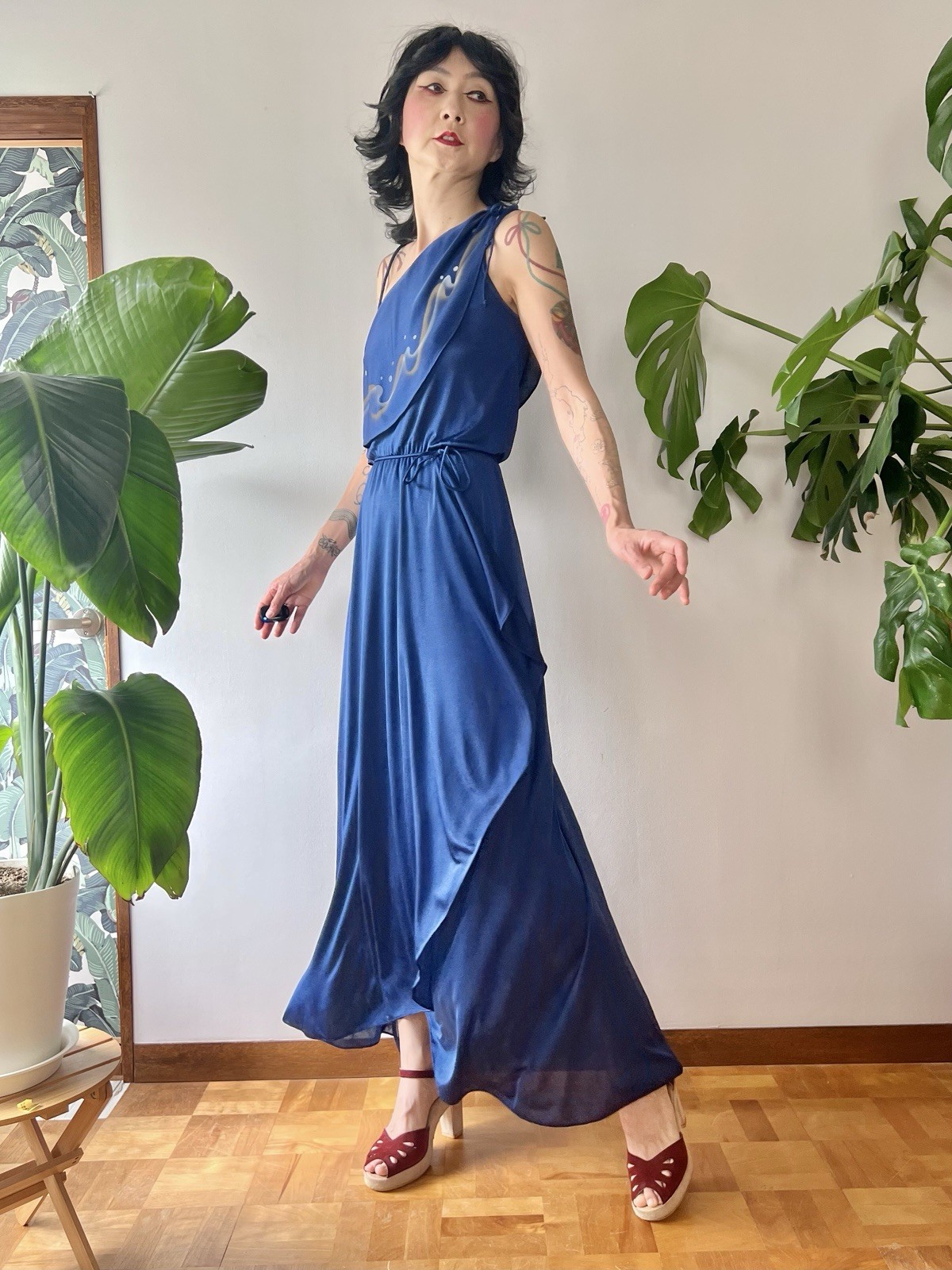 VTG 70s Disco Maxi Dress Airbrush Paint One Shoulder Gown S/M Studio 54 Dress